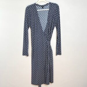 Ann Taylor Midi Wrap Dress 12 Navy Blue & White Anchor Link Print Office Casual